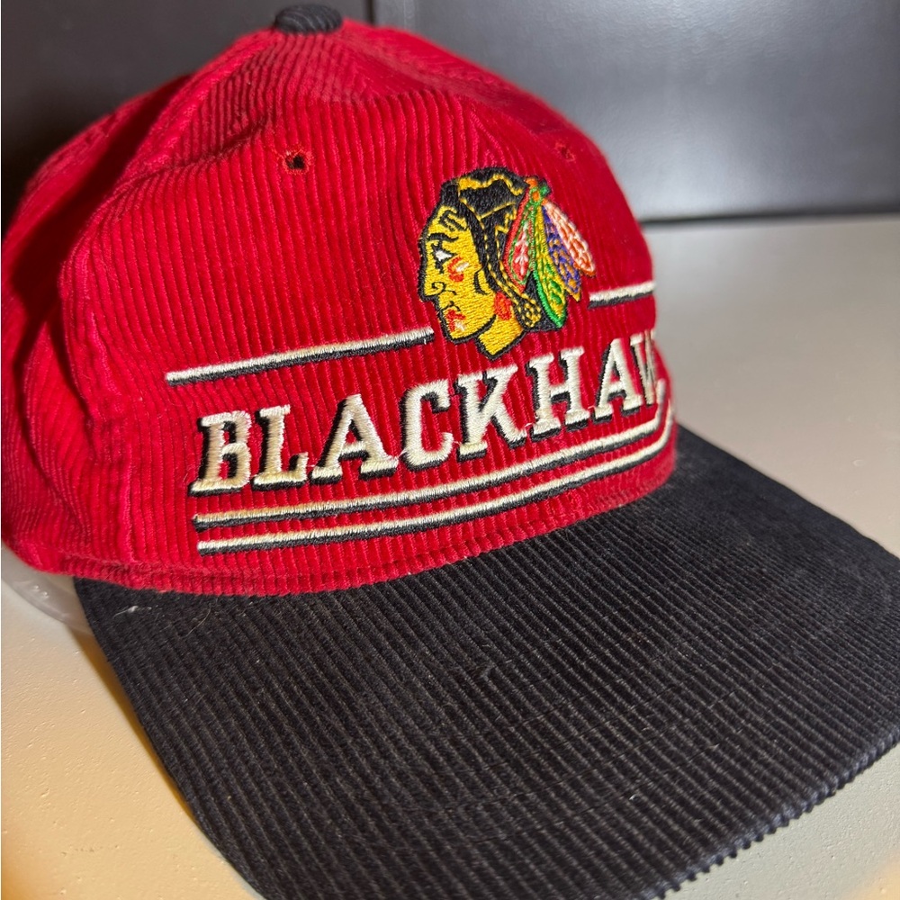 Vintage STARTER Red and Black Corduroy Blackhawks Hat